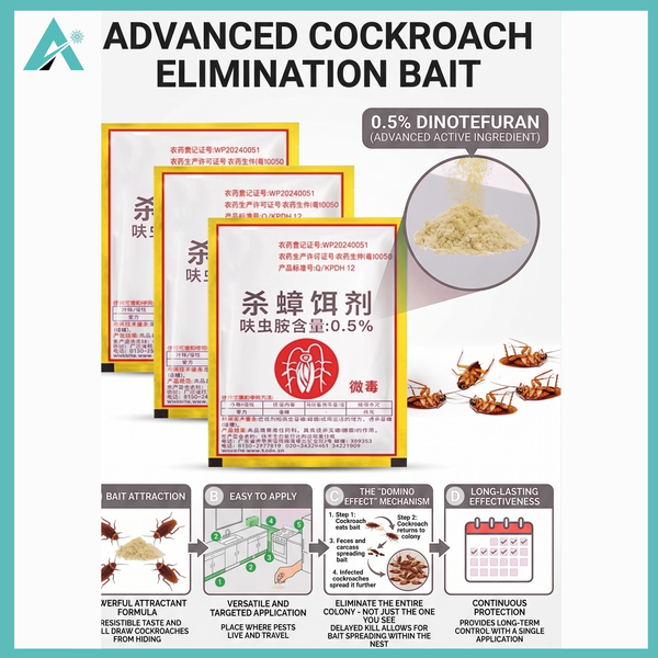 Cockroach Killing Bait Powder (15 Pack) – 0.05% Fipronil Roach Killer – Fast-Acting Indoor Pest Control with Broom & Gloves