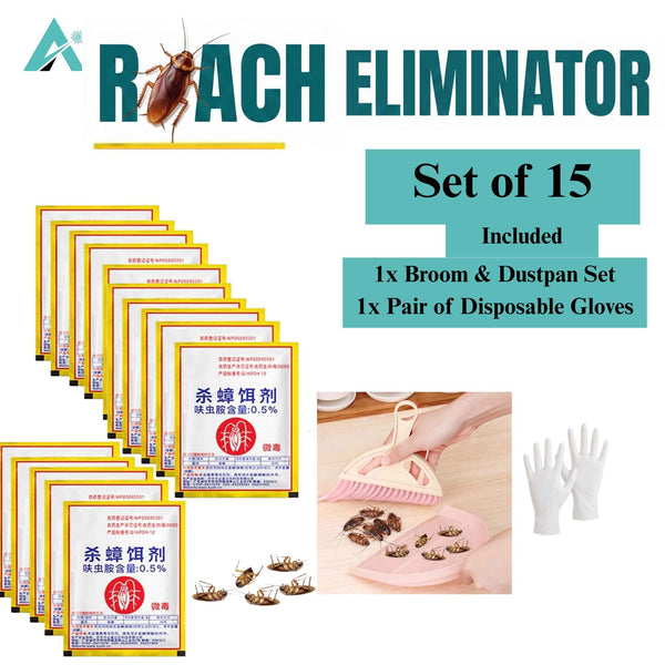 Cockroach Killing Bait Powder (15 Pack) – 0.05% Fipronil Roach Killer – Fast-Acting Indoor Pest Control with Broom & Gloves